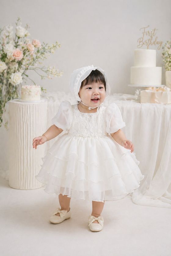 퍼프 소매 화이트 러플 드레스와 보닛을 쓴 아기