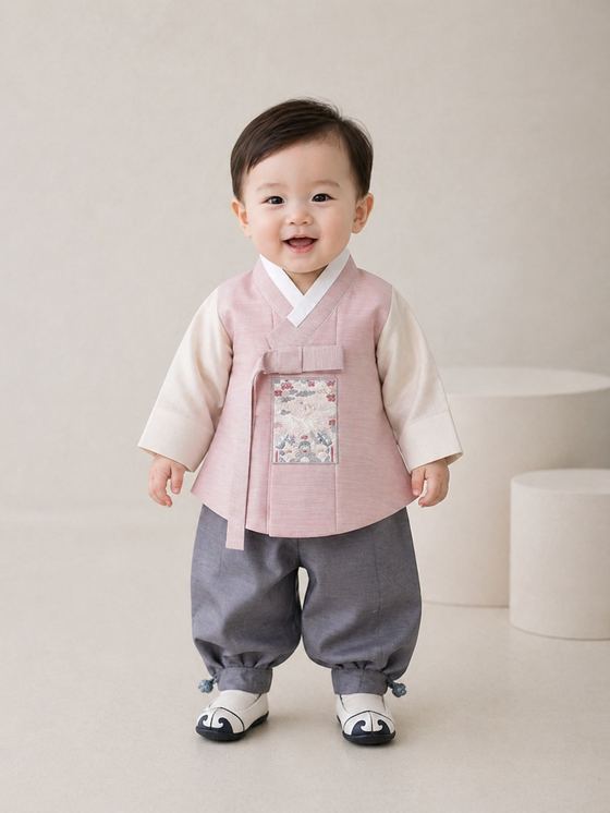 분홍 조끼와 회색 바지의 남아 돌한복
