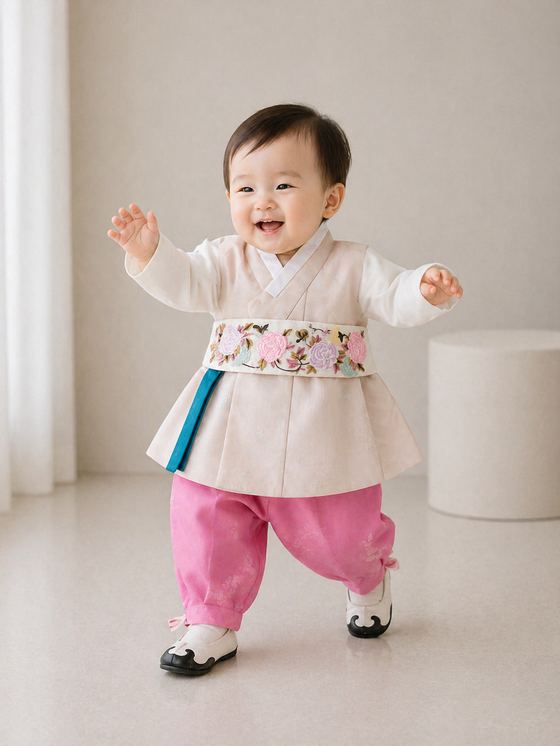 꽃자수 띠와 분홍 바지의 남아 돌한복