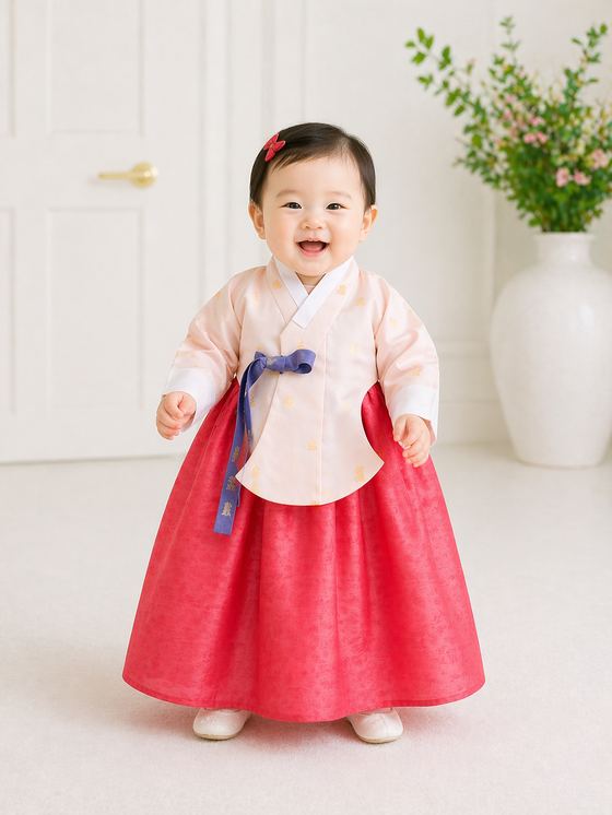 연살구 저고리와 다홍 치마의 여아 돌한복