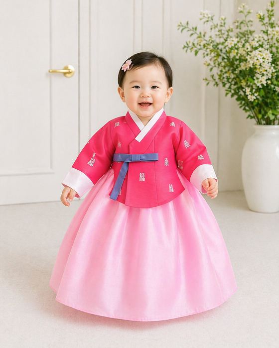복자 무늬 분홍 저고리의 여아 돌한복