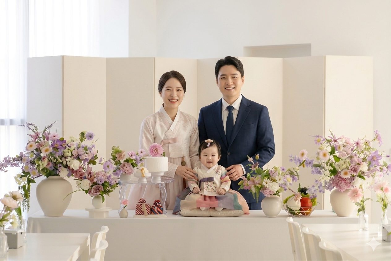 파티하리 룸에서 돌상 앞에 선 가족과 한복 입은 아기