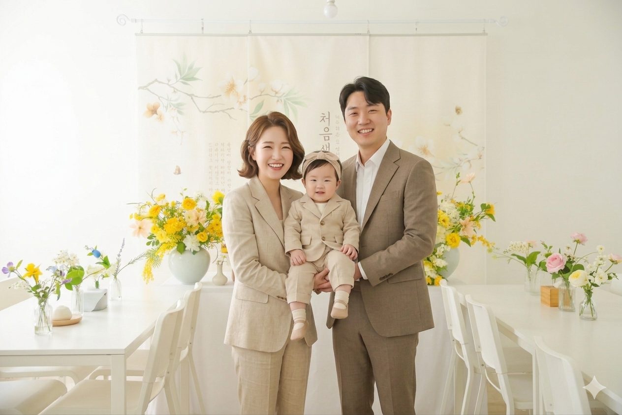 흰 테이블과 의자가 놓인 파티하리 돌잔치 룸