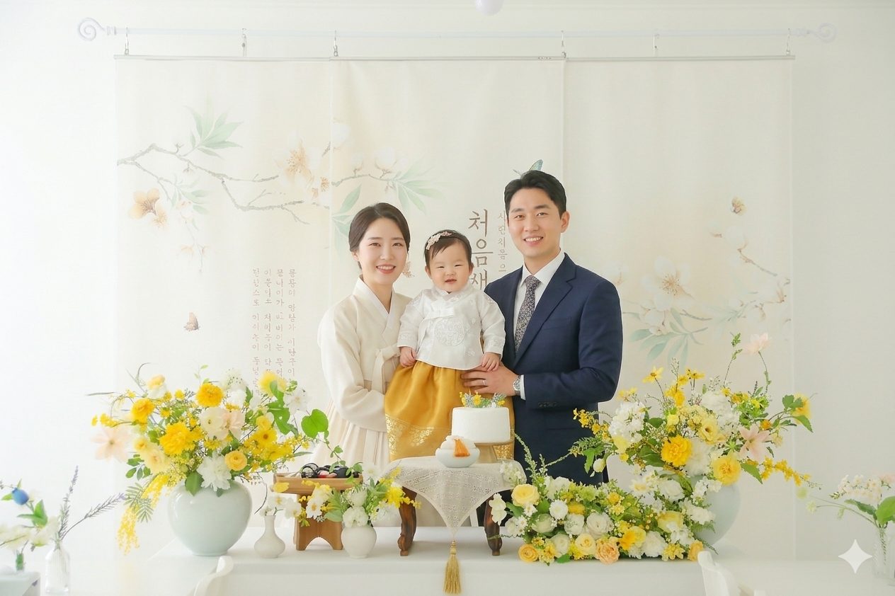 노란 꽃으로 장식된 돌상 앞에 선 한복 차림의 가족