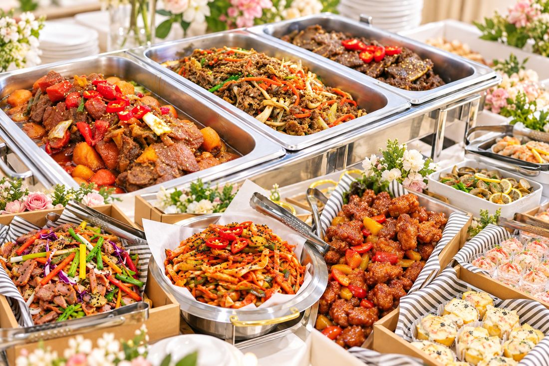 룸 안에 차려진 뷔페 한 상 - 갈비찜, 불고기, 탕수육, 무침